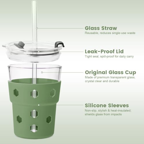 Mrsdry 12oz Iced Coffee Cup with Lids and Straws, BPA Free Reusable Glass Coffee Cups with Silicone Sleeves for Coffee, Iced tea, Thick Wall Glass Cup - Image 4