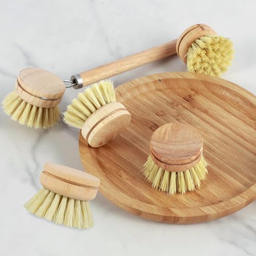 Dish Brush Set Soft Sisal Dish Scrub Brush with Handle Kitchen Scrub Brush Natural Kitchen Cleaning Brush Set Wood Dish Scrubber Brush Practical Dish Scrubber Wooden Cleaning Scrubber for Cle - Image 3