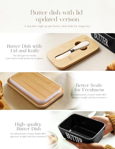 Ceramic Butter Dish with Lid and Knife & Silicone Seal for Countertop Black - Image 4