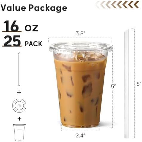 AOZITA 25 Pack - 16 oz Plastic Cups with Lids and Straws, Clear Iced Coffee Cups with Lids, Disposable Cups with Lids for Cold Drinks, Iced Tea, Milkshakes, Smoothies - Durable & BPA Free - Image 2