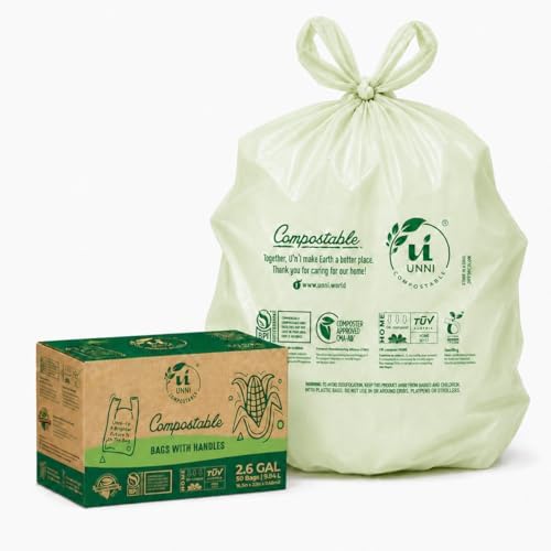 UNNI 2.6 Gallon Compostable Bags with Easy-Tie Handles, 10 Liter, 50 Count by UNNI