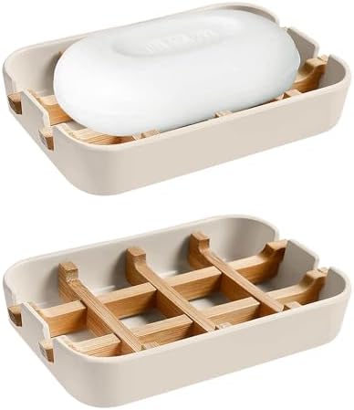 Aoheuo Modern Bamboo Fiber soap Holder and soap Dish Combination (Removable),5.12 Long by 3 Wide, 0.98 inches high, Used in Kitchens, bathrooms, and bar Sinks (Off White(2 Pack)) by Aoheuo
