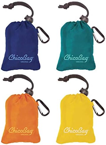 ChicoBag Original Compact Reusable Grocery Bag w/Attached Pouch and Carabiner Clip | Eco-Conscious Packable Tote | Variety 4pk - Mazarine, Aqua, Orange Peel, & Yellow (Pack of 4) by ChicoBag