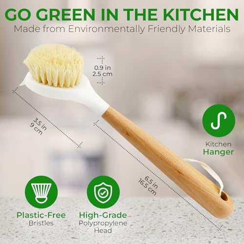 AIRNEX Wooden Dish Brush Set of 2 - Dish Brush with Handle Made of Wood & Sisal Bristles, Non Scratch Kitchen Scrub Brush for Dishes, Pots & Pans, Dish Scrubber with Plastic Free Bristles - Image 2