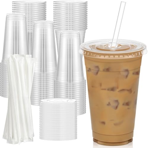 Dealusy 100 Pack - 20 oz Clear Plastic Cups with Lids and Straws by Dealusy
