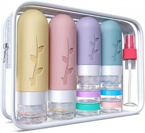 DEPOZA Travel Bottles Kit (16 Pack) - TSA Approved, Leak Proof Silicone Squeezable Containers for Toiletries. Complete Set with Jars, Sprayers & Bag (Light Purple) by TravelingisaspiritualpracticeDepozawillaccompanyyouonyourspiritualpath