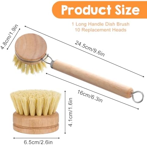 11 Pcs Bamboo Dish Brush Set, Multifunctional Bamboo Dishwashing Scrub Brush with Natural Sisal Bristles, Wooden Handle Dish Brush with Replacement Heads for Cleaning Pots Dishes Pans Vegetables - Image 2