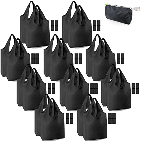BeeGreen 20 Pack Black Reusable Grocery Bags with Storage Pouch Reusable Shopping Bags Bulk w Elastic Band 50LBS X-Large Foldable Tote Bags Machine Washable-Heavy Duty Cloth Tote Bags for Groceries by BeeGreen