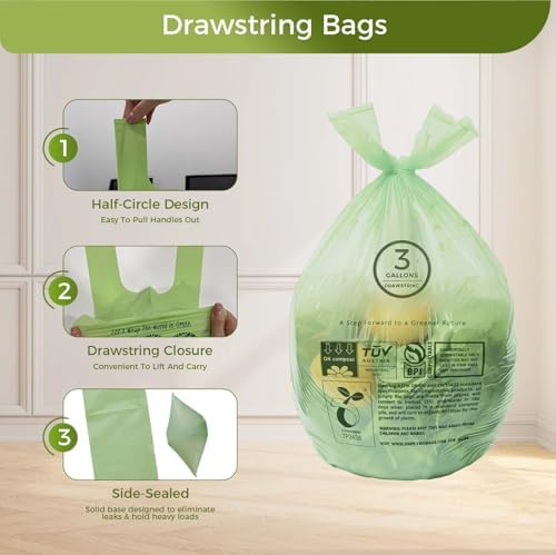 3 Gallon Compostable Trash Bags with Handle-Tie, Thick 0.67 Mil, 11.36 Liter, 80 Bags, Small Kitchen Food Scrap Waste Bag, ASTM D6400, US BPI and OK Compost Home Certified - Image 2