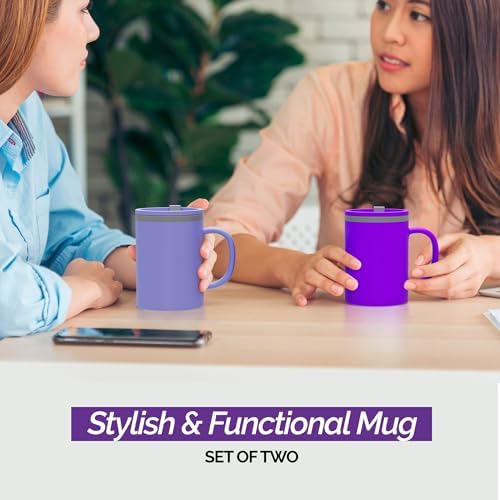 Copco Iconic 16oz Double Wall Insulated Desk Mug with Lid & Handle, Set of 2, BPA-Free Reusable Plastic, Spill-Resistant, Microwave & Dishwasher Safe, Wide Mouth (Purple/Light Purple) - Image 2