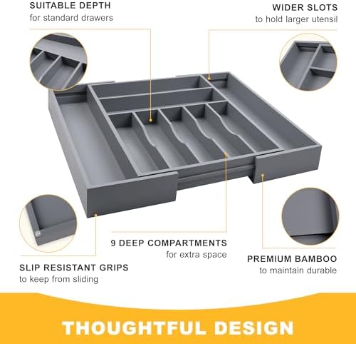 Large Premium Bamboo Silverware Organizer - Expandable Drawer Organizer & Utensil Organizer - 17"x19.7" Cutlery Tray with Dividers for Kitchen Utensils and Flatware (7-9 Slots) (Grey) - Image 6