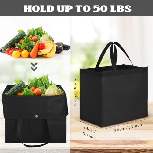 Zhehao 60 Pcs Reusable Grocery Bags Bulk Large Foldable Shopping Tote Bags Non Woven with Handle and Plastic Button(Black) - Image 4