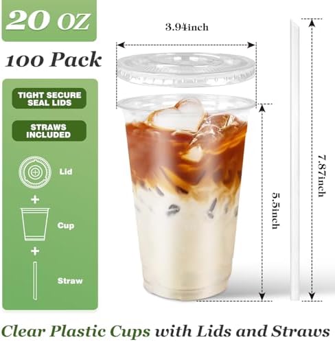 Charmount 100 Sets- 20 oz Clear Plastic Cups with Lids and Straws - Image 2