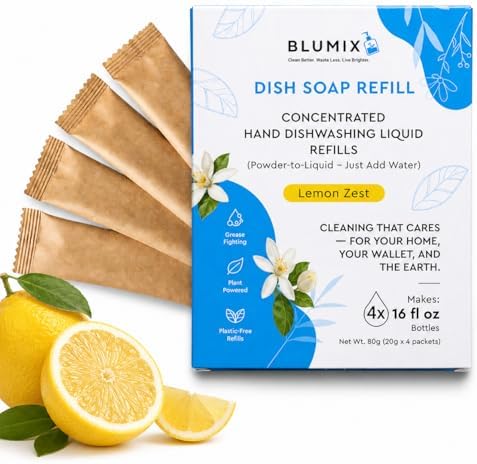 Dish Soap Refill Powder-to-Liquid Concentrate, Just Add Cool Water, Lemon Scent, 4 Packets Make 4 x 16 fl oz Bottles, Grease-Fighting, Plastic-Free (Lemon Scent) by Blumix