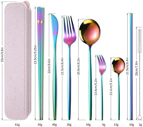 AARAINBOW 8 Pieces Stainless Steel Flatware Set Portable Reusable Cutlery Set Travel Utensils Set Including Chopsticks Knife Fork Spoon Straws Cleaning Brush Dishwasher Safe (Multicolored) - Image 2
