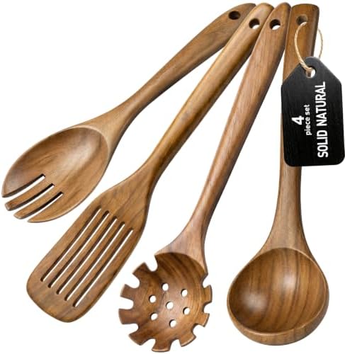Wooden Spoons for Cooking, 4-Piece Teak Wood Kitchen Utensil Set, Nonstick Safe Wooden Cooking Utensils-Includes Soup Ladle, Pasta Spoon, Slotted Spoon, Salad Fork, for Everyday Meals(A04) by WOTTISH