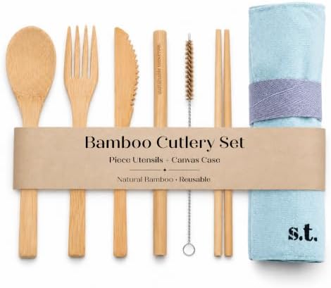 Sustainable Tomorrow Bamboo Cutlery Set | Eco-Friendly Reusable Utensils with Canvas Case | Natural Bamboo Fork, Knife, Spoon, Chopsticks, Straw & Cleaning Brush | Plastic-Free Flatware by SustainableTomorrow