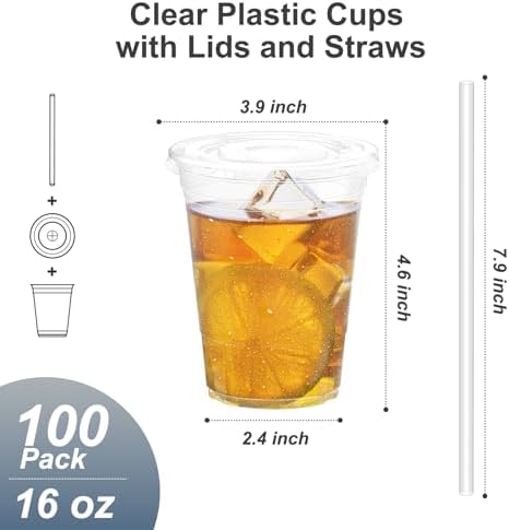 Dealusy 100 Pack - 16 oz Clear Plastic Cups with Lids and Straws - Image 2