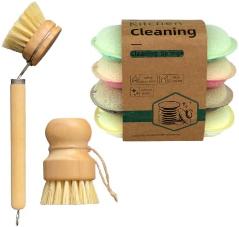 Natural Bamboo Dish Brush Set, 1 Long & 1 Short Handle Sisal Brushes with 4 Loofah Sponges, Non-Scratch Cleaning Brushes for Dishes, Pots, Cups, Vegetables & Sinks by Unknown