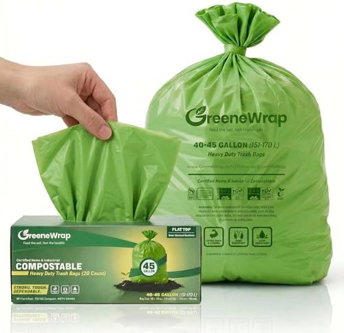 40-45 Gallon Compostable Trash Bags with Flat Top, 20 Count, Heavy Duty 1.6 Mil, Large Commercial Industrial Outdoor Contractor Bags, BPI Certified, ASTM D6400, Fits 40 45 Gal by GreeneWrap