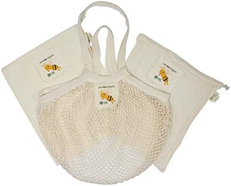 “Let’s Bee Organic” Simple Ecology Organic Cotton Reusable Honey Bee Gift & Starter Set (string produce saver bags, food storage, bulk bin, with tare weight tag and drawstring, waste free) - Image 2