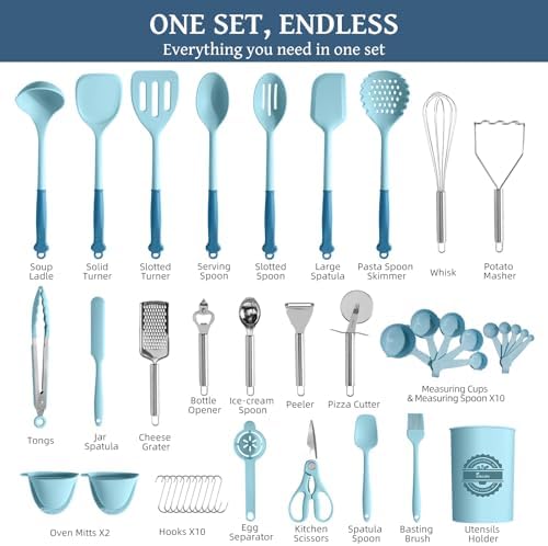 Kikcoin 43Pcs Large Kitchen Utensils Set - Silicone Cooking Utensils Set, Dishwasher Safe Spatula Set for Non-stick Cookware, 446°F Heat Resistant Kitchen Utensils Set with Holder BPA Free, Blue - Image 2