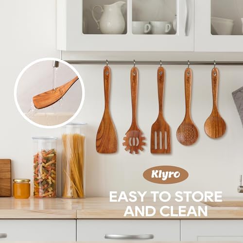 Teak Kitchen Utensils Set, 5 Piece Premium Wooden Cooking Utensils Set, Non-Stick Heat-Resistant Wooden Spoons for Cooking, New Apartment Essentials - Image 5