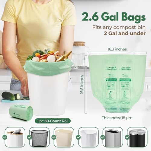 AIRNEX Small Compost Bags 2.6 Gal - 50 Compostable Kitchen Trash Bags for Countertop Bin - Cornstarch Leakproof & Tear-Resistant - OK Compost Home & Seedling Certified 0.18 mm Kitchen Garbage Bags - Image 2