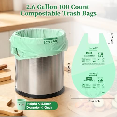 ECOLipak 2.6 Gallon 100ct Small Compostable Kitchen Trash Bags with Handles - Image 2