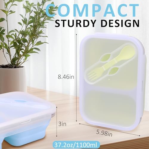 2 Pack Collapsible Silicone Lunch Box Set, 2 Compartments Bento Boxes with Lids, Food Storage Containers for Meal Prep, Office, Travel, Camping, BPA Free(Blue+Green) - Image 3