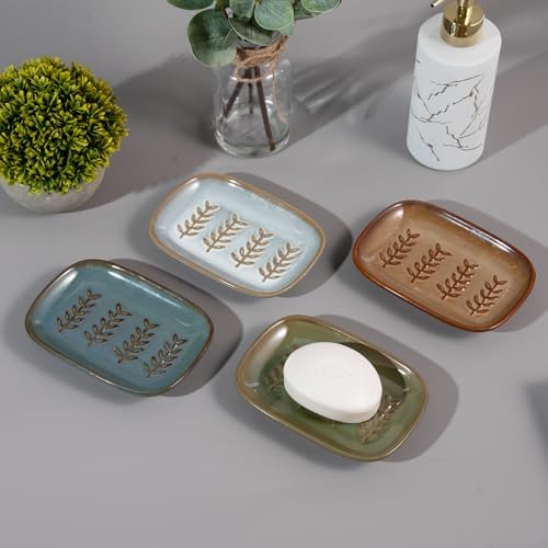 HighHerz Aesthetic Ceramic Soap Dish for Shower, Soap Holder with Raised Relief, Shower Soap Dish for Shampoo Bar Or Sponge, Soap Saver for Bathroom, Kitchen, Sink, Decorative Soap Tray (Green) - Image 5