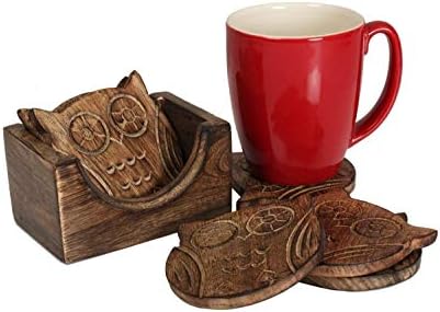 NIRMAN Wooden Crafted Coaster Set of 6 with Coasters Holder for Drink Bar Coaster Tea Coffee Mug Tabletop Barware Drink Handmade Dining Home Decor (Owl Shape) - Image 5