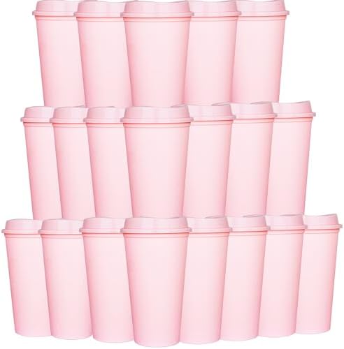 20 Pack Reusable Coffee Cups with Lids 16 oz Plastic Tumblers Travel Mug Iced Coffee Cup for Adults and Women Hot and Cold Drinks, Microwaveable (Pink) by Alohastarttg