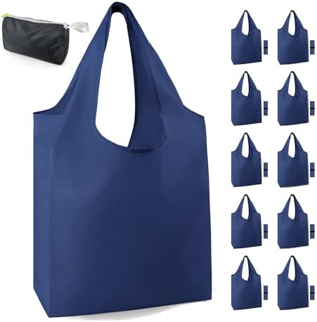 BeeGreen Navy Blue Reusable Grocery Bags Bulk 10 Packs, Kitchen Reusable Shopping Bags 50LBS Large, Machine Washable Durable, Easily Foldable with a Storage Bag by BeeGreen