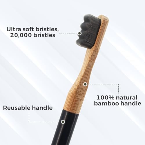 Extra Soft Toothbrushes for Adults - 3 Replaceable Natural Bamboo Tooth Brush Heads with Black Almunium Handle. Soft Bristle Braces Toothbrush. Butter on Gums Manual Toothbrush - Image 4