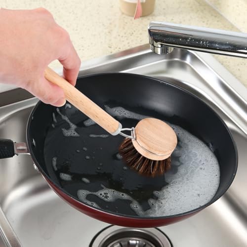 Bamboo Dish Brush Set, 1 Wooden Handle with 3 Natural Bristle Heads All Purpose Kitchen Scrub Brush with Sisal and Palm Horsehair for Cleaning Dishes Pans Vegetables(Color:Wood) - Image 6
