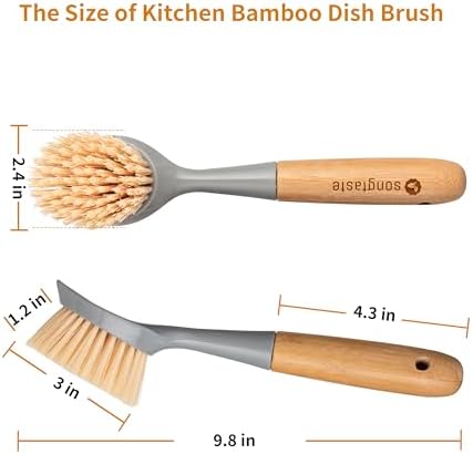 2 Pack Kitchen Dish Brush Bamboo Handle Dish Scrubber Built-in Scraper - Image 6