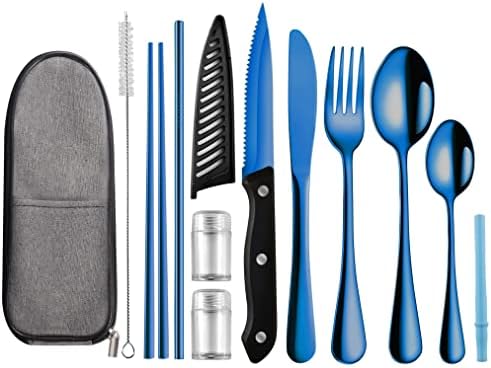 Logcow Travel Utensils Set with Case, 10-Piece Reusable Stainless Steel Camping Cutlery, Portable Fork Spoon Knife Chopsticks & Straw for Work, Lunch, Picnic (Blue) by Logcow
