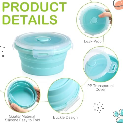 Suclain 4 Pcs Collapsible Bowls with Lids Silicone Camping Food Storage Container Expandable Folding Salad Lunch Box Travel Container for Hiking Camping - Image 3