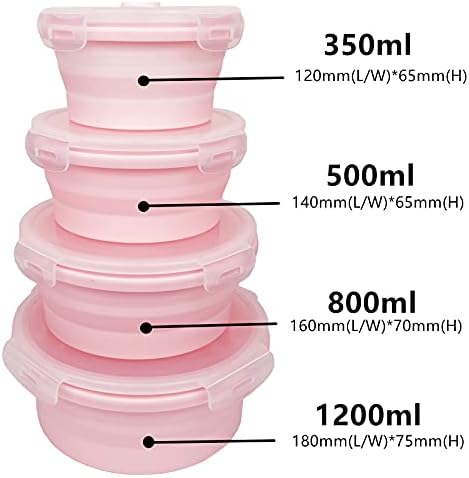 CARTINTS Silicone Collapsible Food Storage Containers-Prep/Storage Bowls with Lids – Set of 4 Round Silicone Lunch Containers – Microwave and Freezer Food Containers(pink) - Image 3