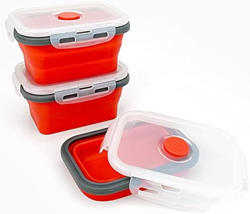 CCyanzi 3piece Collapsible Food Storage Containers with Lids, Silicone Lunch Container, Microwave & Freezer Safe, Space Saving for Kitchen Cabinet and Camping Backpack,(red gray) - Image 3