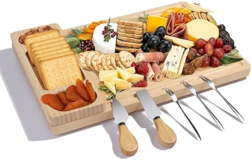 Premium Bamboo Cheese and Charcuterie Board Set - Large Wooden Serving Tray with Hidden Knife Storage, Cheese Knives & Forks - Perfect for Cheese, Meats, Fruits - Ideal Gift for Parties & Holidays by Unknown