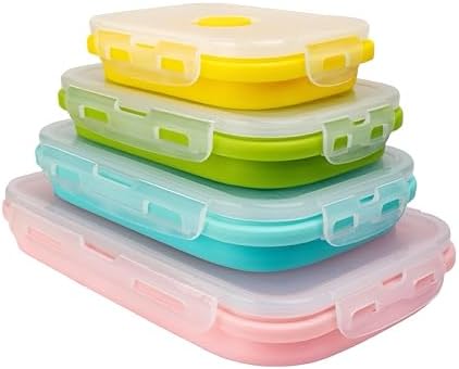 Set of 4, Collapsible Silicone Food Storage Container, Leftover Meal Box for Kitchen, Lunch Boxes with Clip-on Lid, Stackable, Space Saving, Dishwasher Safe, BPA Free by CozyKit