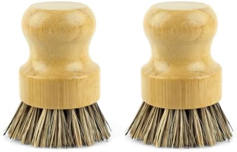 AUEAR, Natural Bamboo Dish Scrub Brush Cleaning Pot Scrubber Brushes Coconut Bristles for Cast Iron Skillet Pots Pans (2-Pack, Deep Color) by AUEAR