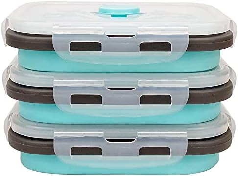 CCyanzi 3piece Collapsible Food Storage Containers with Lids, Silicone Lunch Container, Microwave & Freezer Safe, Space Saving for Kitchen Cabinet and Camping Backpack,(blue gray) by CCyanzi