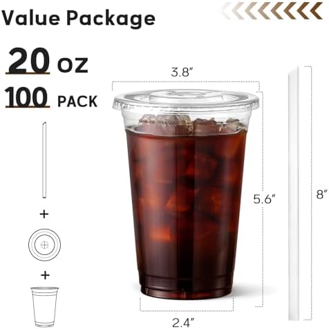 AOZITA 100 Pack - 20 oz Clear Plastic Cups with Lids and Straws, Food Safe Disposable Iced Coffee Cups for Cold Beverages, Smoothies, Iced Coffee, Leak-Proof, BPA-Free - Image 2