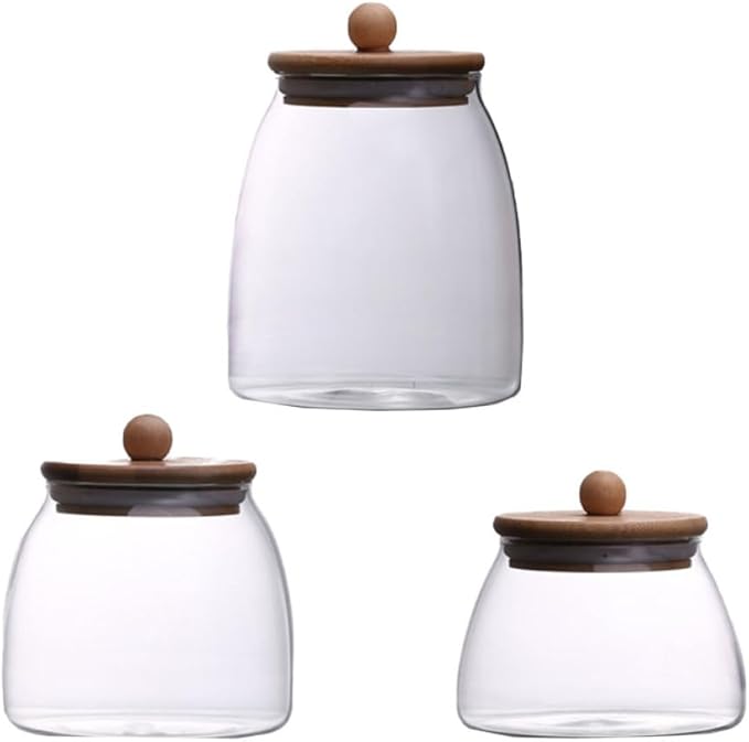 3 Pcs Transparent Food Storage Jars with Wooden Lids Airtight Sealed Canisters for Tea Candy Dried Fruits Kitchen Pantry Organization