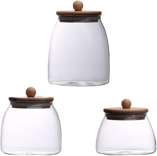 3 Pcs Transparent Food Storage Jars with Wooden Lids Airtight Sealed Canisters for Tea Candy Dried Fruits Kitchen Pantry Organization
