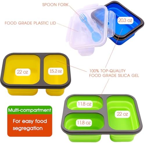 Set of 3 Collapsible Silicone Bento Lunch Boxes With Lids Spoon Fork, Divided Compartments Food Storage Containers, Safe in Microwave, Dishwasher and Freezer, BPA Free (Assorted 3PCS) - Image 2