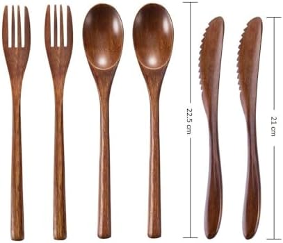 Wooden Spoon Fork Knife Eating Flatware Set Portable Utensil Set with Case, Reusable Wooden Cutlery Travel Utensils Set, 2 Spoons and 2 Forks and 2 Knives - Image 2